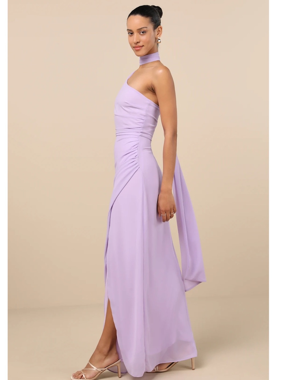 Lulus Adeline Lavender One-Shoulder Scarf Column Ruched Chiffon Maxi Dress M - Picture 3 of 13